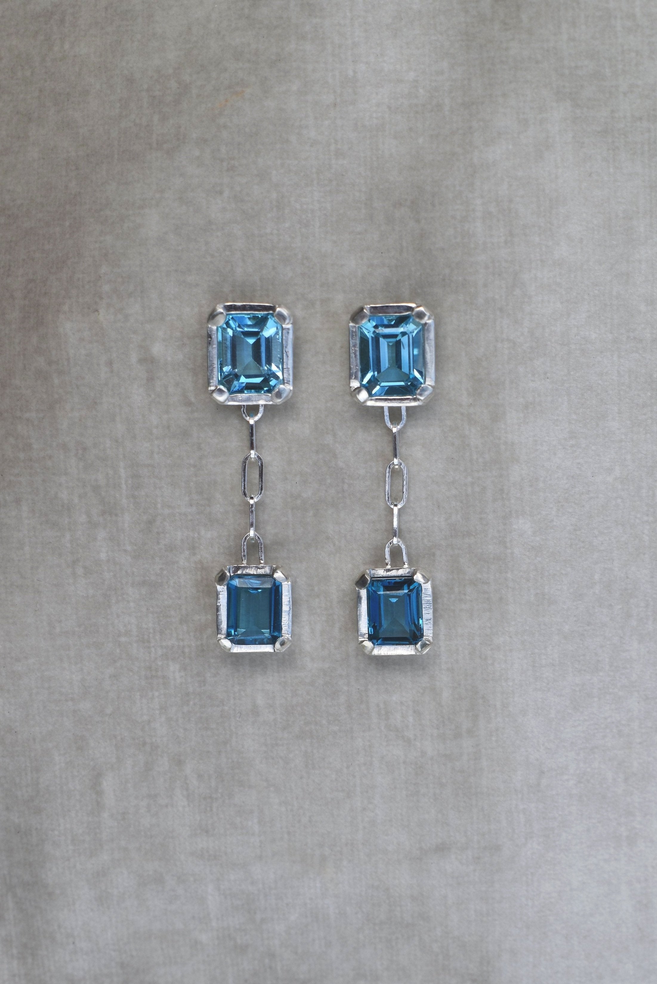 blue topaz sapphire emerald cut gemstone earrings double dangle earrings cocktail evening tiffany silver earrings