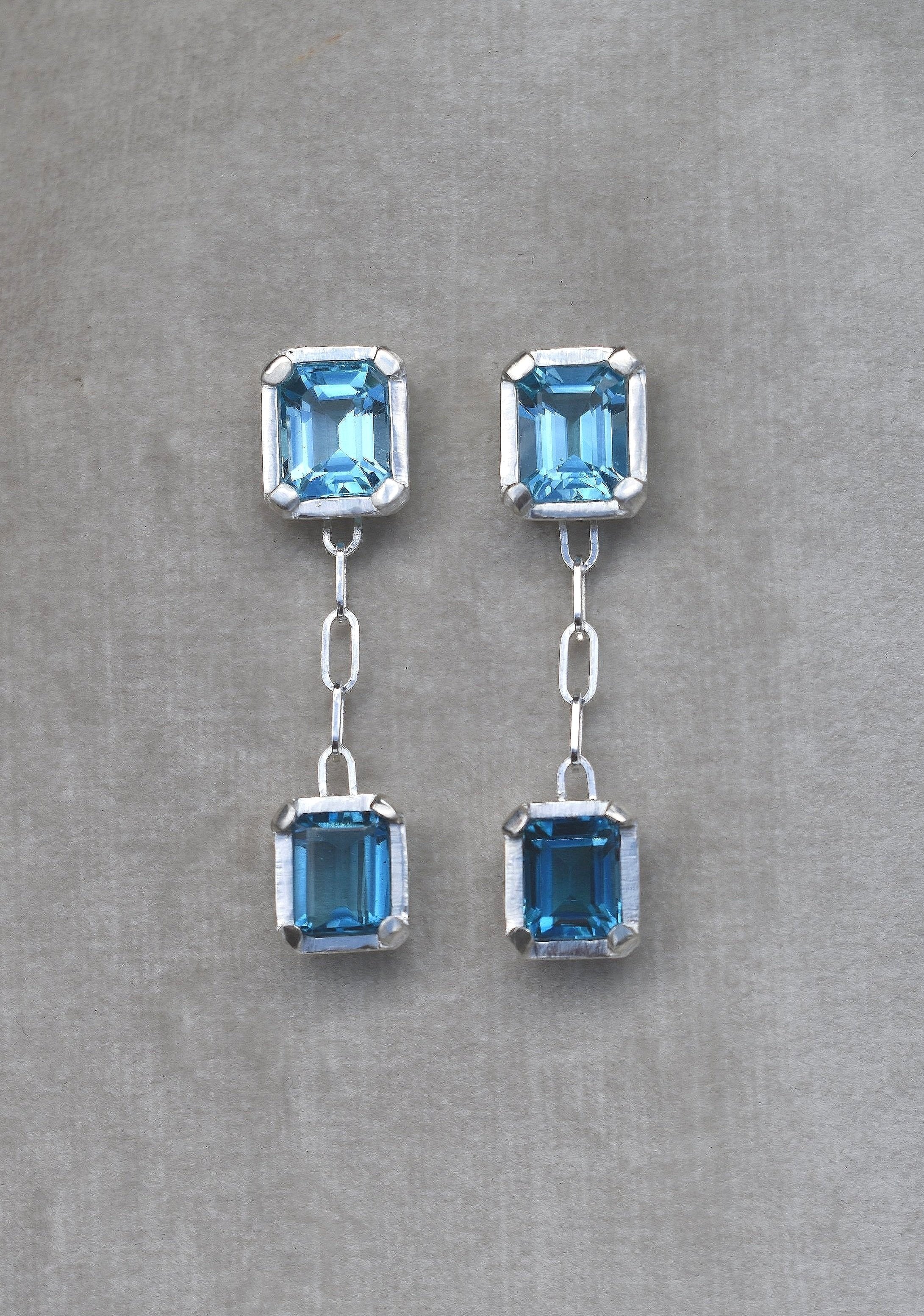 blue topaz sapphire emerald cut gemstone earrings double dangle earrings cocktail evening tiffany silver earrings