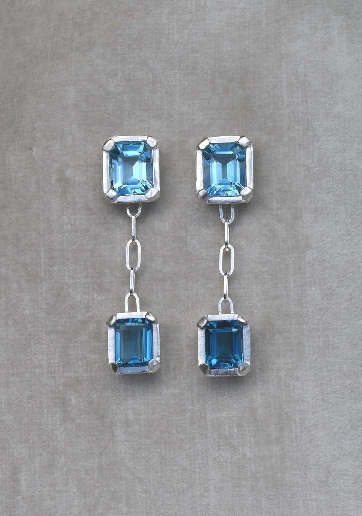 blue topaz sapphire emerald cut gemstone earrings double dangle earrings cocktail evening tiffany silver earrings