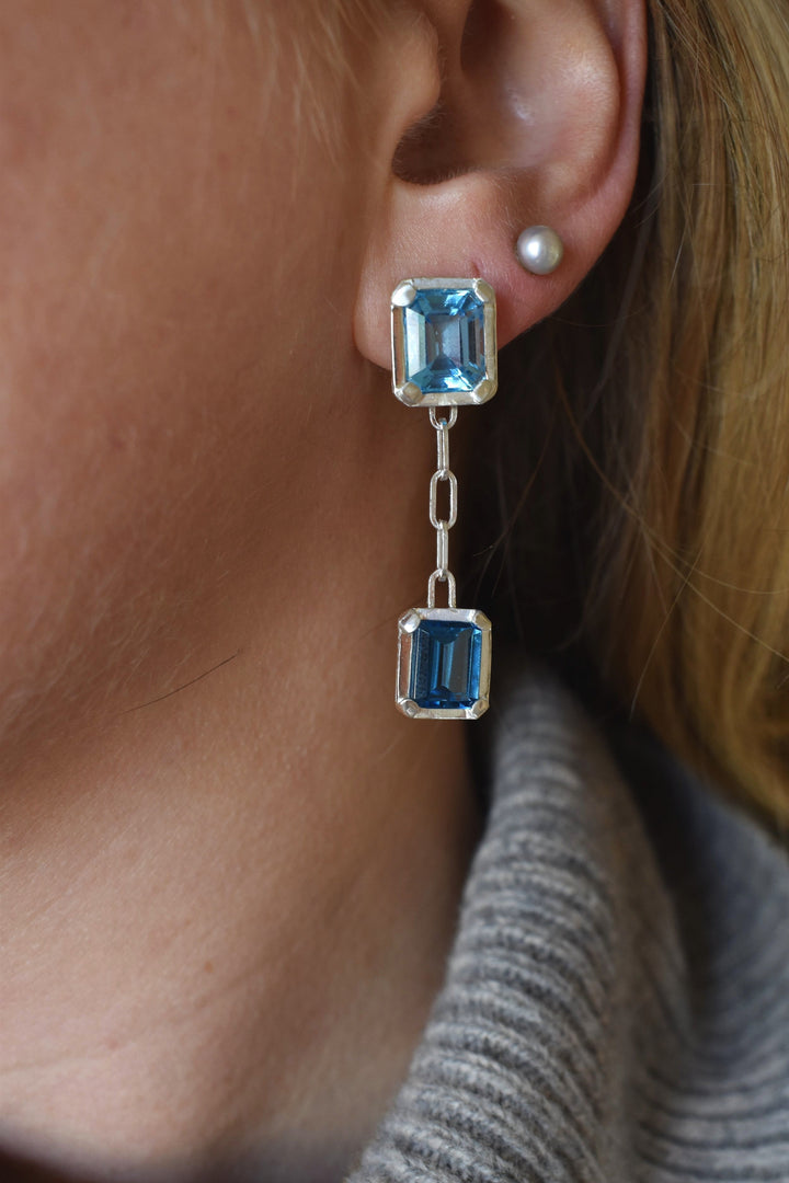 blue topaz sapphire emerald cut gemstone earrings double dangle earrings cocktail evening tiffany silver earrings