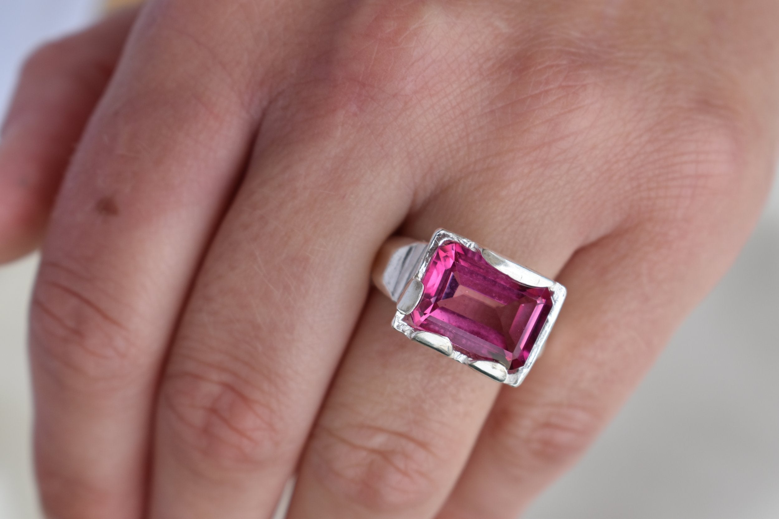 pink topaz statement ring cocktail party style large engagement ring in silver emerald cut stone ring diamond ring tiffany engagement sparkle silver stack ring