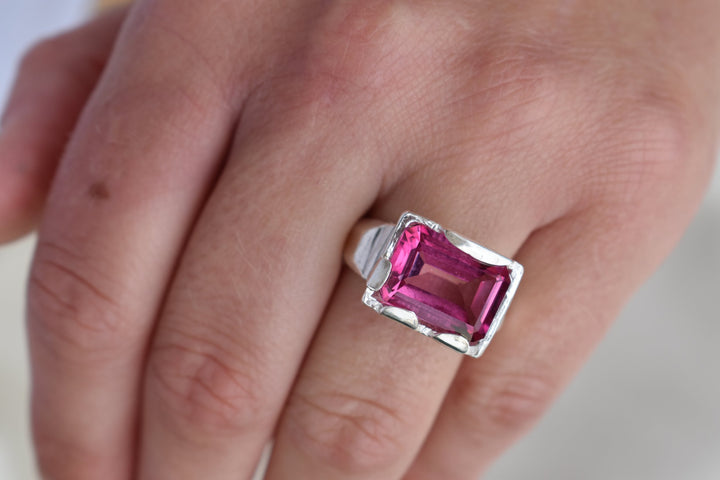 pink topaz statement ring cocktail party style large engagement ring in silver emerald cut stone ring diamond ring tiffany engagement sparkle silver stack ring