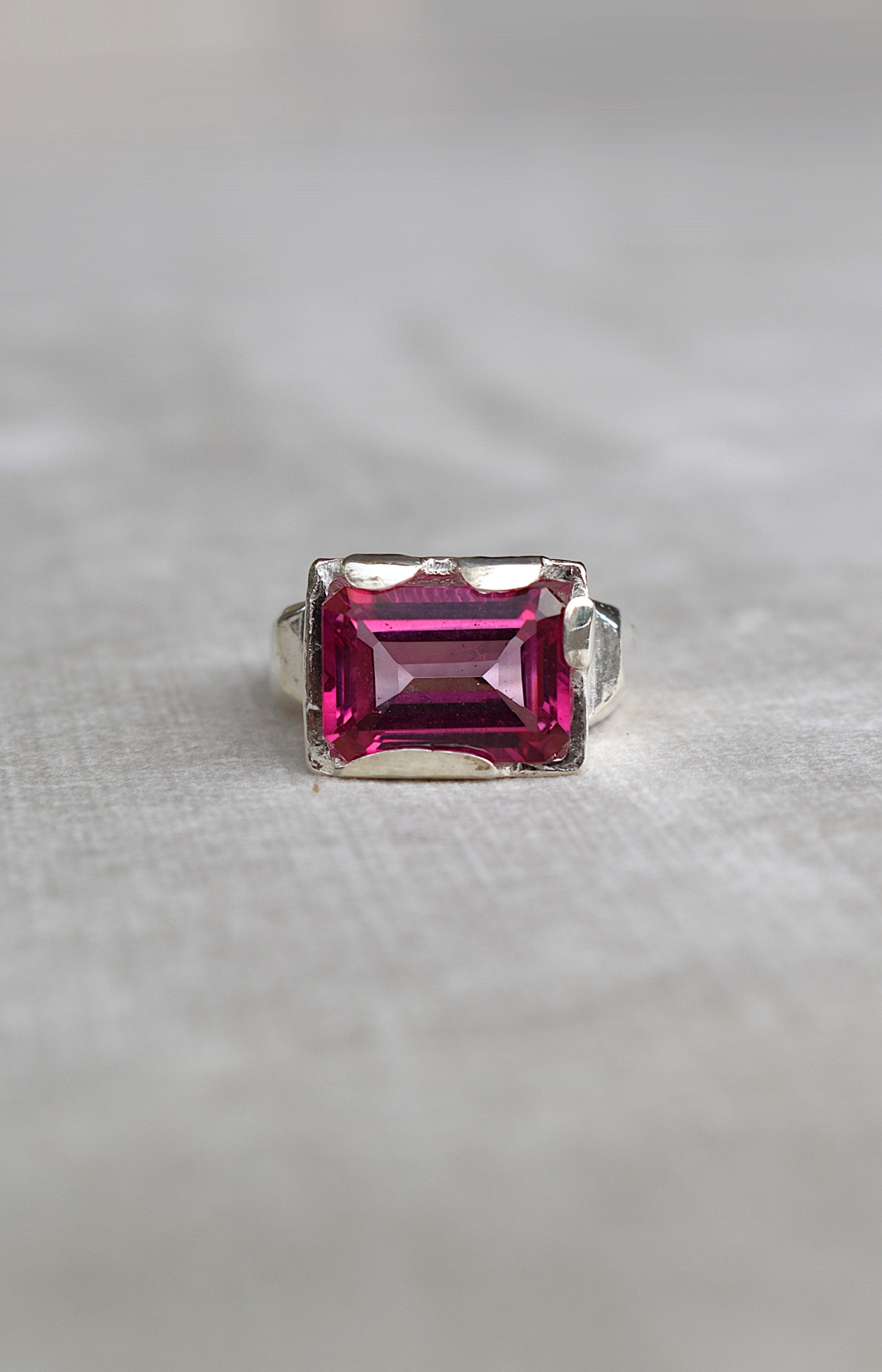 pink topaz statement ring cocktail party style large engagement ring in silver emerald cut stone ring diamond ring tiffany engagement sparkle silver stack ring