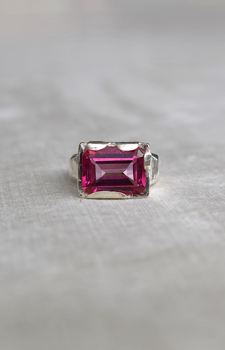 pink topaz statement ring cocktail party style large engagement ring in silver emerald cut stone ring diamond ring tiffany engagement sparkle silver stack ring