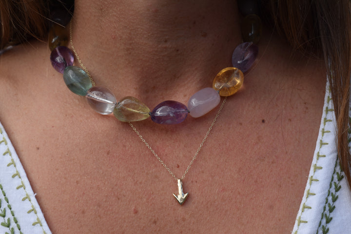 A close-up of a person wearing a beaded choker necklace made of translucent multicolored gemstone beads, layered with a delicate gold chain featuring a small gold bird pendant.