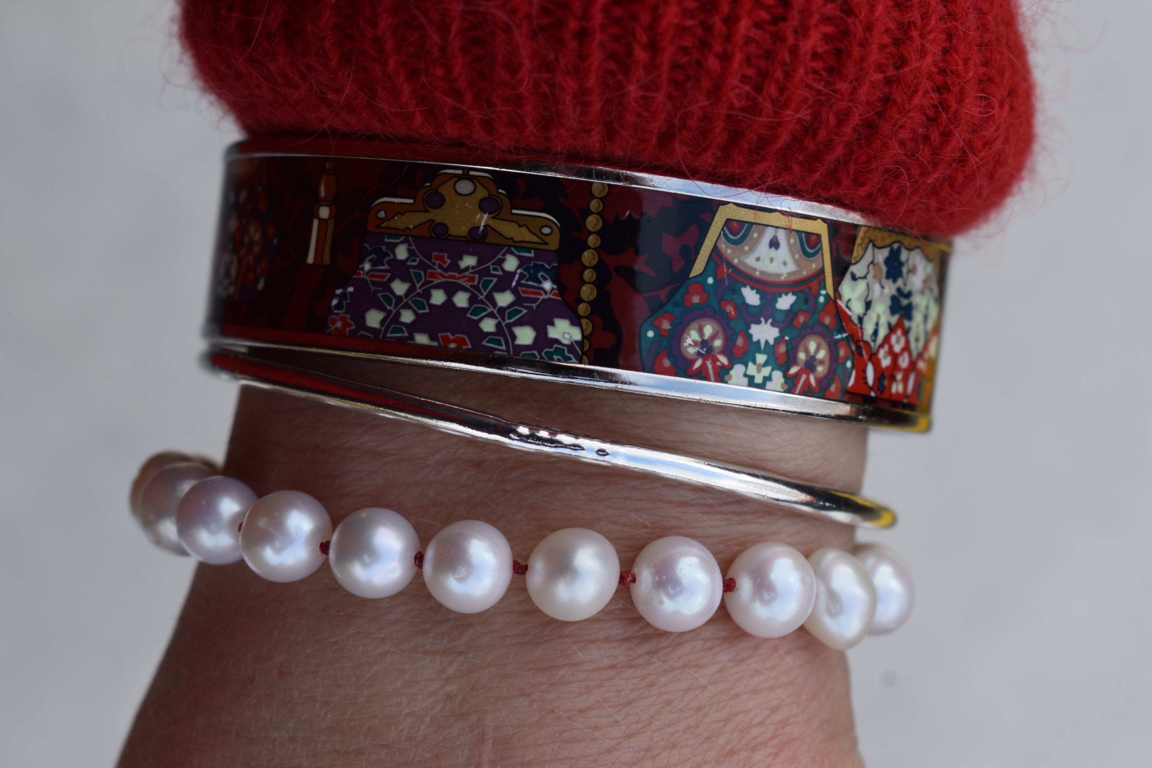 pearl bracelet hermes bangle hand made pearls silk string silver bangle